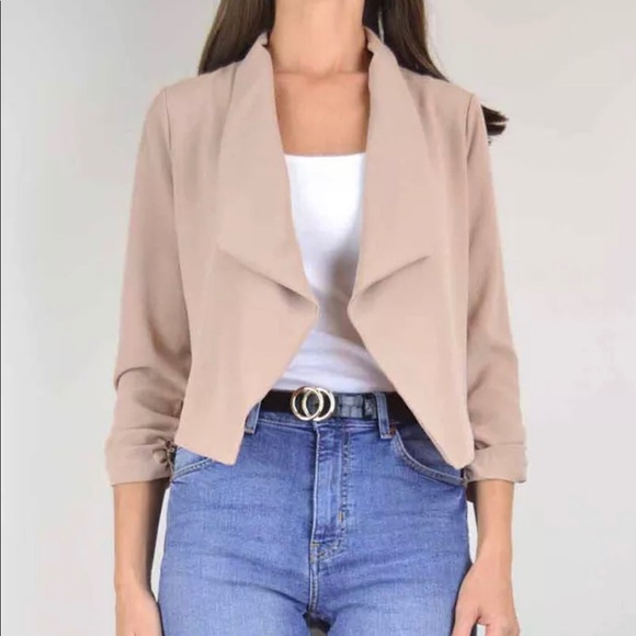 Taupe Crop Blazer With 3/4 Sleeved - Picture 2 of 5